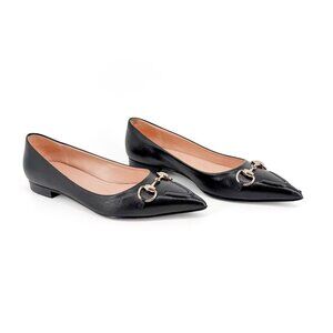 Gucci Erin Black Leather Pointed Horsebit Ballet Flats Size 37 US 7 Women's